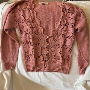 VINTAGE Pink Knit Cardigan with Floral Lace